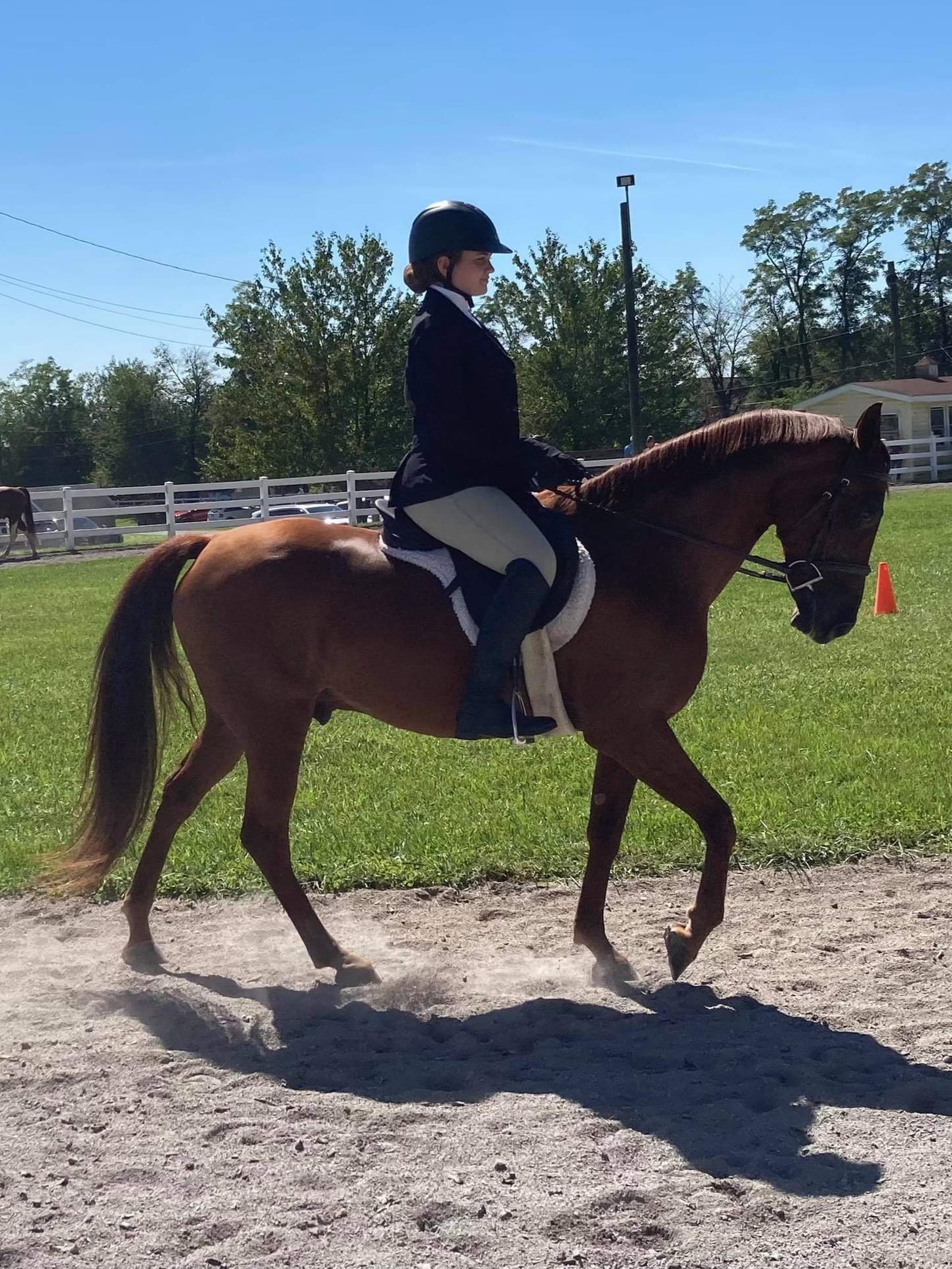 Bella riding her horse around a course