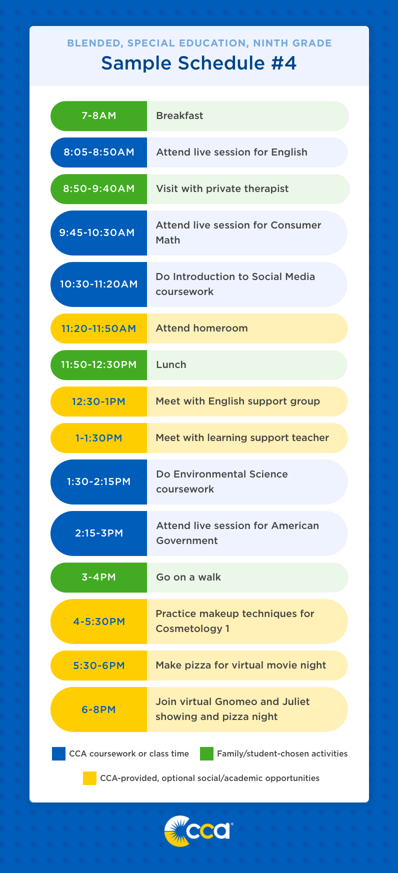 ninth grade sample schedule