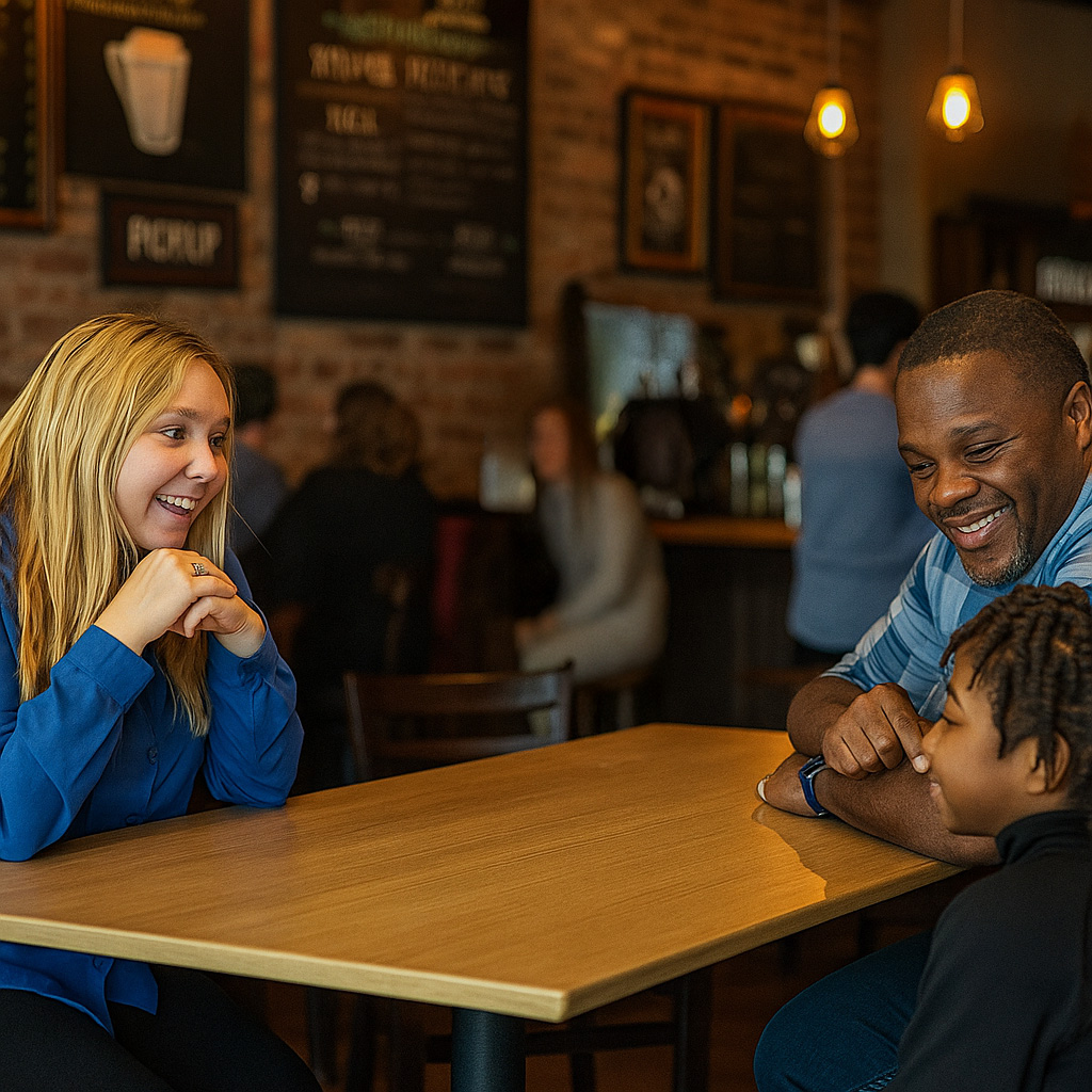 teacher at a coffee shop table with a student and parent