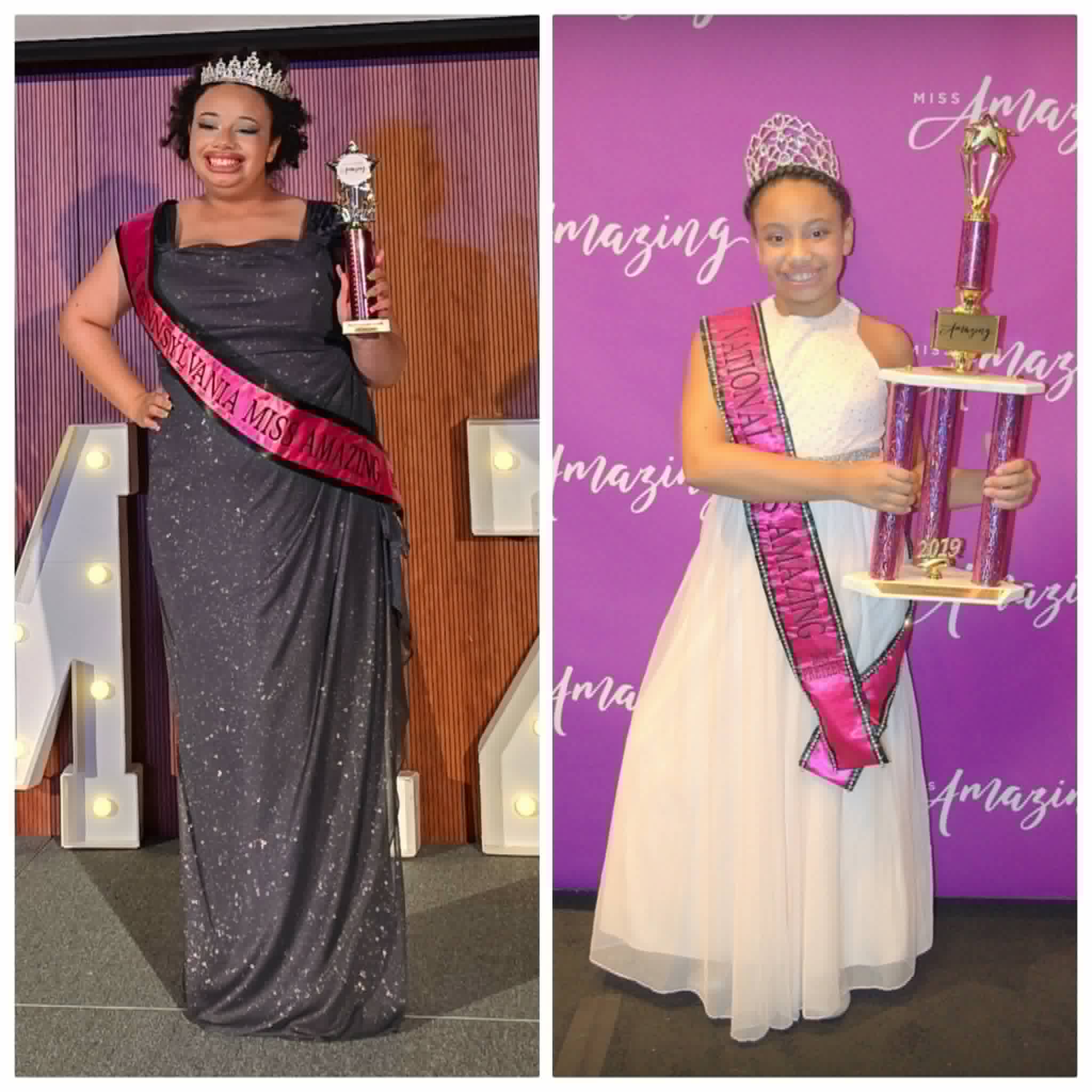 A side-by-side image of Jaylene holding her 2026 Miss Amazing trophy verses holding her National Miss Amazing trophy she won when she was younger.